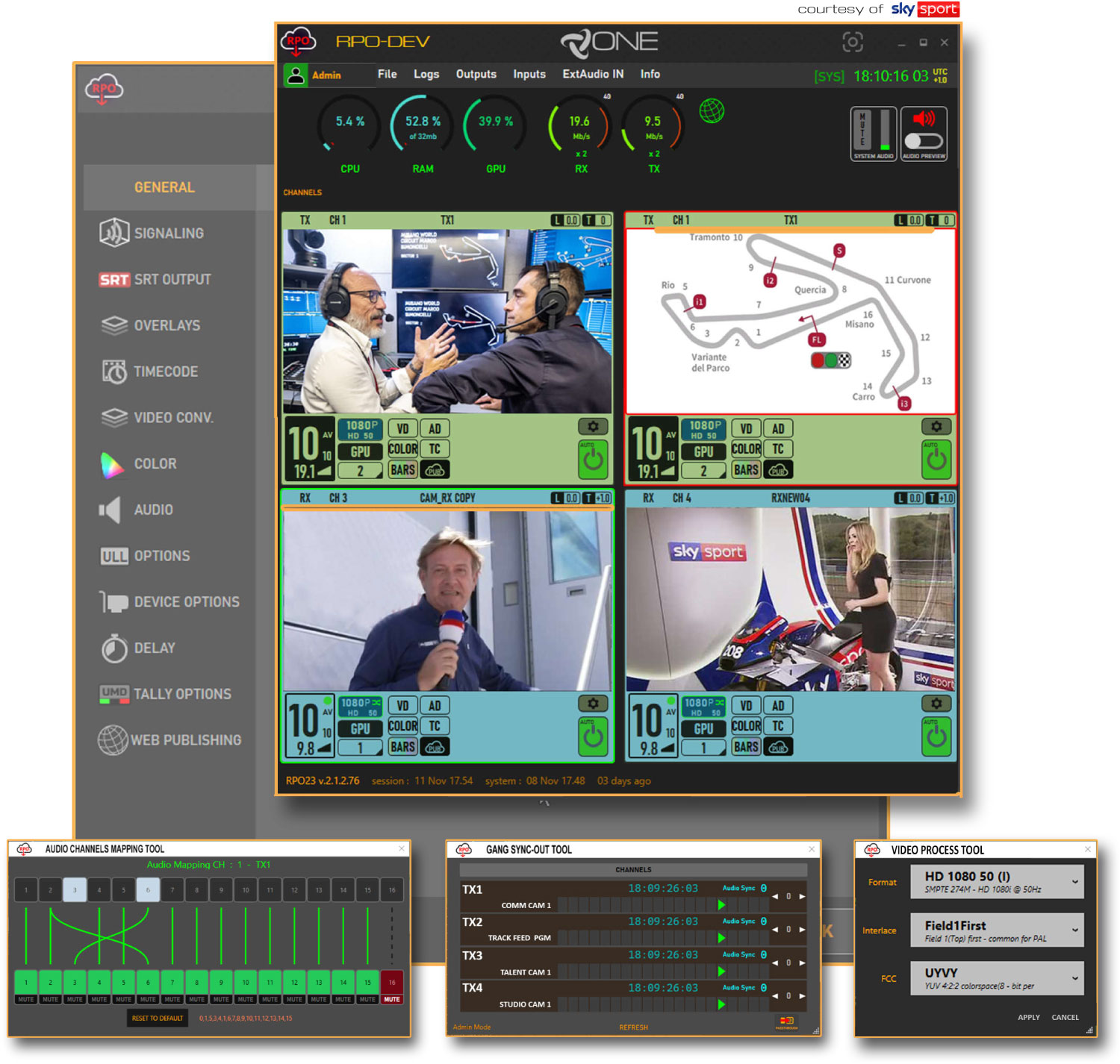 RPO control software with RX/TX multiviewer, audio channel routing, tally configuration and video processing controls. Images courtesy of Sky Sport.